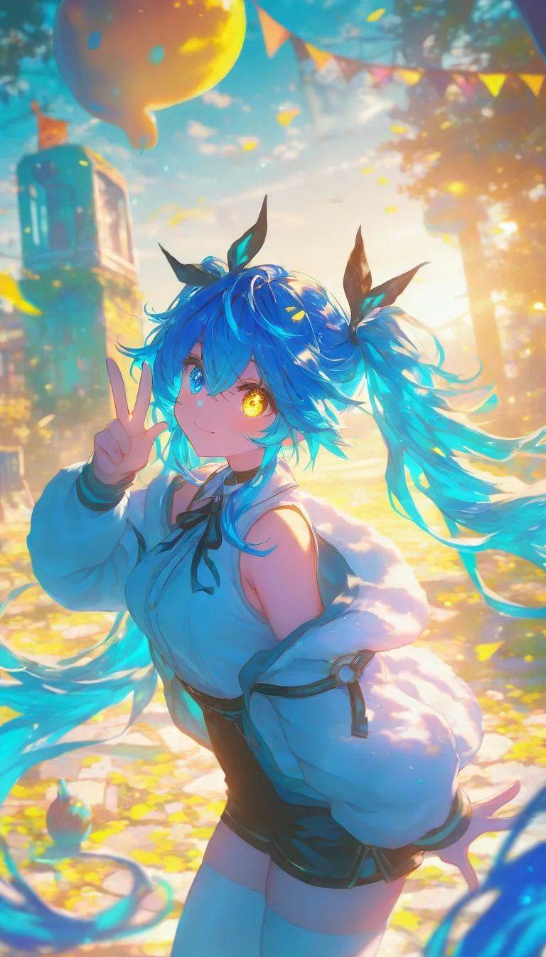 REMEMX,
1girl,twintails,heterochromia,long hair,yellow eyes,blue hair,blue eyes,solo,looking at viewer,thighhighs,shorts,jacket,white jacket,white thighhighs,v,breasts,shirt,very long hair,long sleeves,smile,open clothes,bare shoulders,open jacket,black shorts,white shirt,black ribbon,sleeveless,hair between eyes,closed mouth,ribbon,medium breasts,collared shirt,off shoulder,
outdoors,<lora:REMEMXv1-000050:1>,