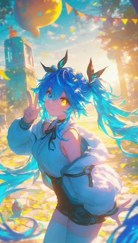 REMEMX,
1girl,twintails,heterochromia,long hair,yellow eyes,blue hair,blue eyes,solo,looking at viewer,thighhighs,shorts,jacket,white jacket,white thighhighs,v,breasts,shirt,very long hair,long sleeves,smile,open clothes,bare shoulders,open jacket,black shorts,white shirt,black ribbon,sleeveless,hair between eyes,closed mouth,ribbon,medium breasts,collared shirt,off shoulder,
outdoors,<lora:REMEMXv1-000050:1>,
