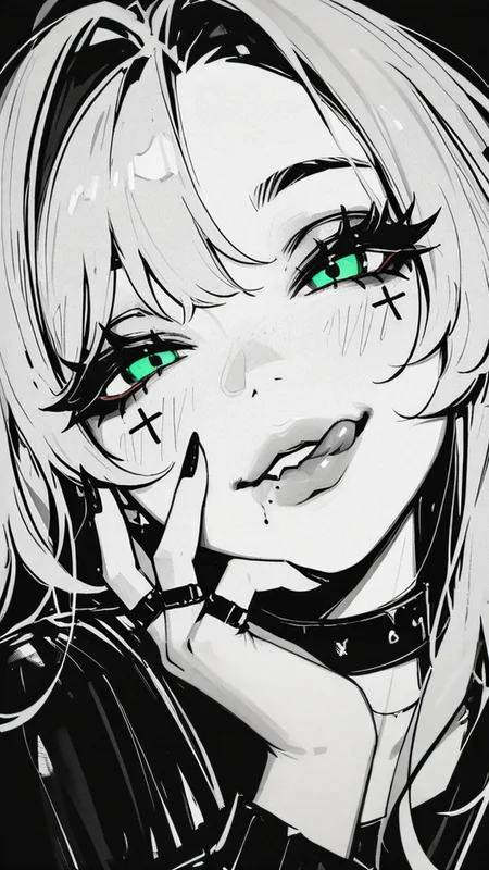 ,masterpiece,best quality,newest, <lora:Monochrome_Glamour-000009:0.9> mcglam, monochrome, 1girl, green eyes , licking her lips