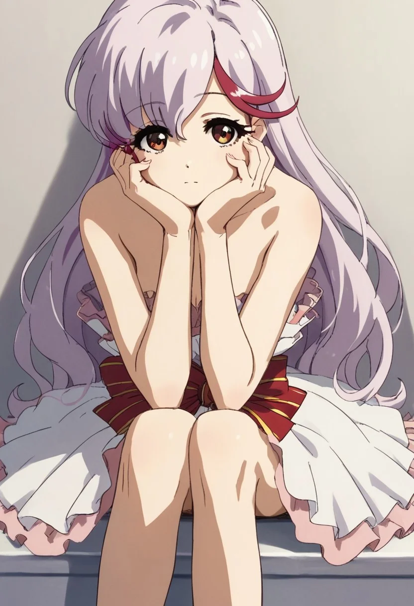 score_9,score_8_up,score_7_up, aikawa_akane, akane_dream, 1girl, solo, long hair, sitting, dress, multicolored hair, bare shoulders, hands on own face, strapless, head rest, streaked hair, looking at viewer, light purple hair, strapless dress, purple hair, long hair, streaked hair, multicolored hair, white hair, red hair, strapless, dress, red ribbon,red bow, , head rest