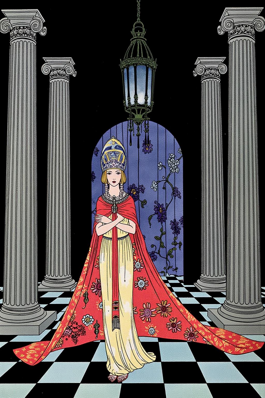 sterrett1 color illustration.
A woman standing in a grand, ornate hallway with Greek-style columns. She is dressed in a flowing, intricate gown and a red cloak with intricate patterns. She wears an ornate Greek-style headdress.
 <lora:sterrett1_cap_d6a3e8:1.0><lora:837018048859894554:0>