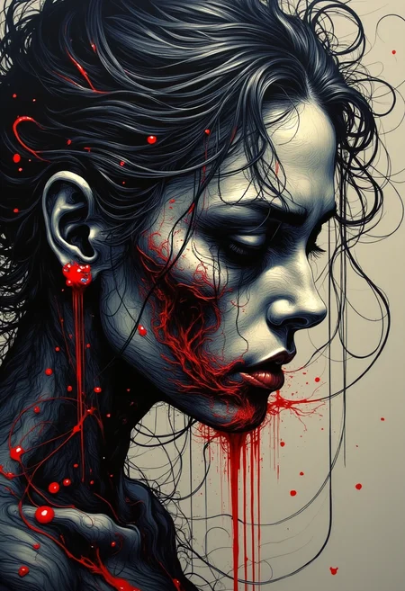yfg-liqd, Extremely realistic photo by Dali and Dariusz Zawadzki and André Masson with the theme "Lies written in ink cannot hide facts written in blood"