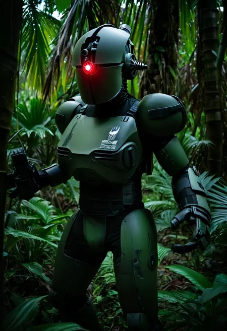 easynegative, extremely detailed, dark, chiaroscuro, low-key, AssaultronCosplay, a green assaultron robot, the assaultron has black tiger stripes painted on it, in the jungles of vietnam