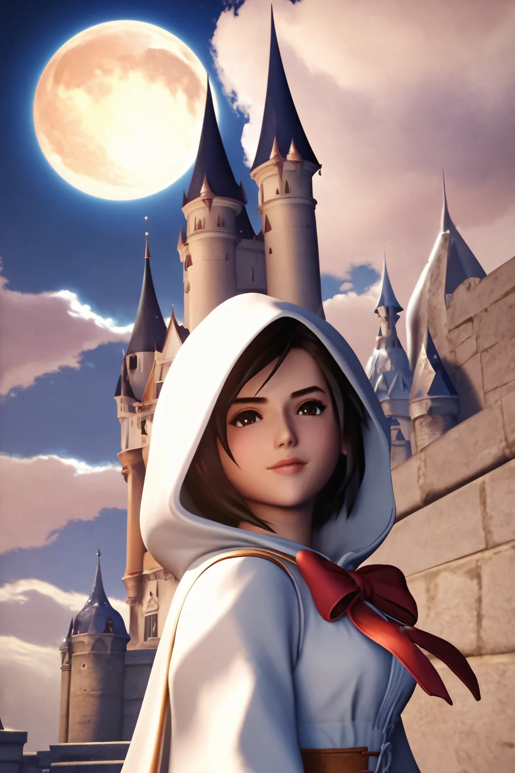 score_9,score_8_up,score_7_up,masterpiece,best quality,
garnet til alexandros xvii,white mage,1girl,solo,hood,robe,brown hair,short hair,upper body,standing,light smile,cloud,night sky,moon,castle,red bow,cape,
<lora:Garnet_PONY_XL:0.8>,