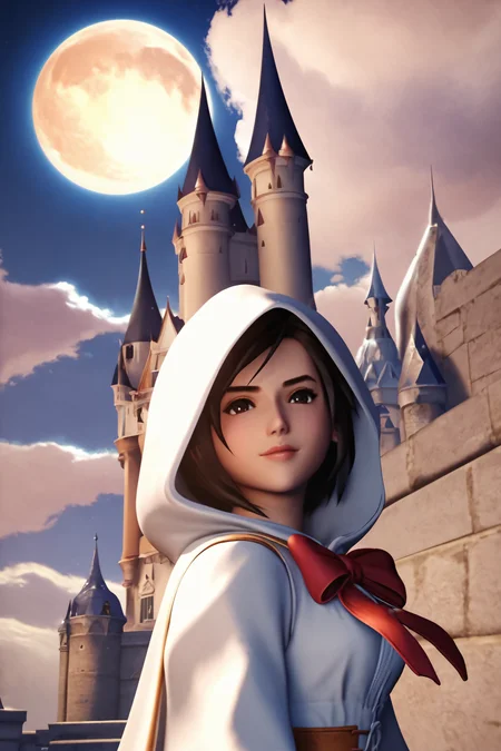score_9,score_8_up,score_7_up,masterpiece,best quality,
garnet til alexandros xvii,white mage,1girl,solo,hood,robe,brown hair,short hair,upper body,standing,light smile,cloud,night sky,moon,castle,red bow,cape,
<lora:Garnet_PONY_XL:0.8>,