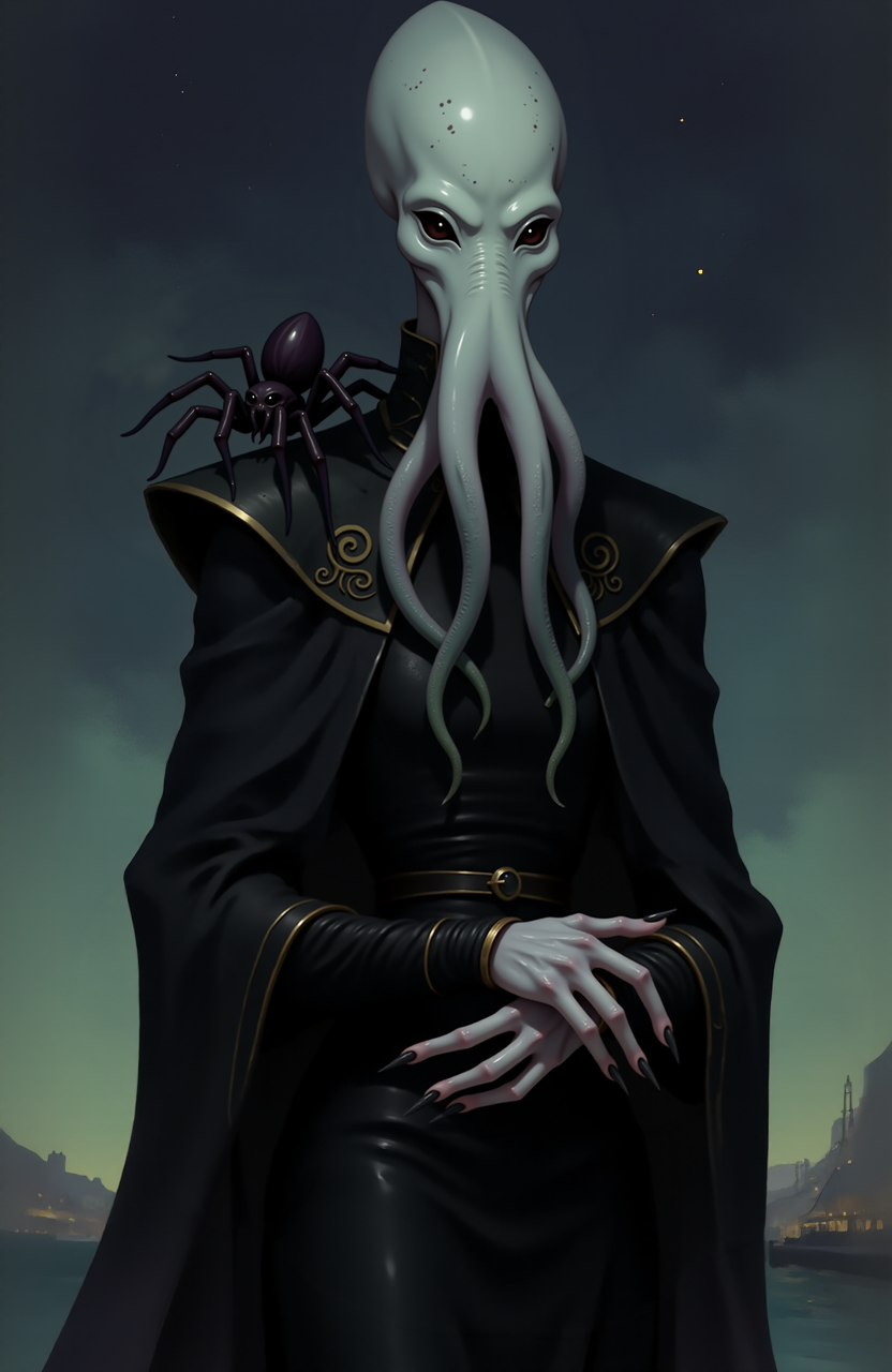 <lora:mindflayers-lora:0.7>, <lora:orithis-vale-style:0.6>, an illithid with pale  bluish skin with freckles and (void black eyes), wearing a black shawl with silver details. The big spider sits on their shoulder. Alien stand against the background of a night port in a fantasy setting in natural but also regal pose and their head is slightly tilted in a delicate gesture, 0r1t1s
