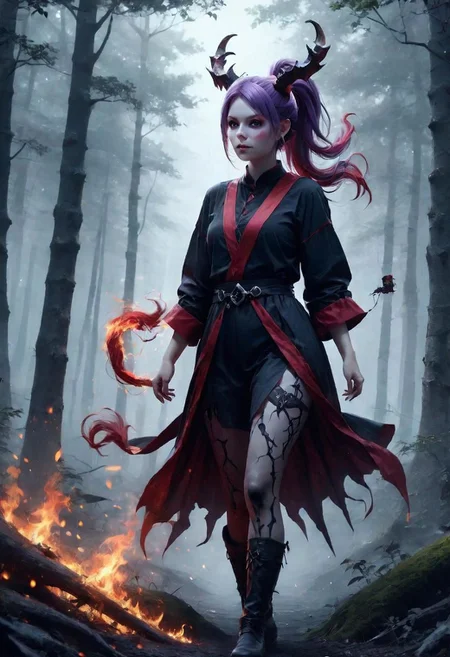 highres,best quality,ponytail,facing to the side, full body,short height,happy,(purple eyes),photograph,realistic lighting,cute face,1girl,red tips on hair,red skin, fantasy world,in the forest, warlock,demon horns,skull logo, DonMD3m0nXL,blue skin:1.4, yellow eyes, anime style,blue flame,flames around hands,fantasy adventure outfit,fighting stance,dragon tail:1.5,brown shorts,thick tail:1.3,snake tail:1.3
