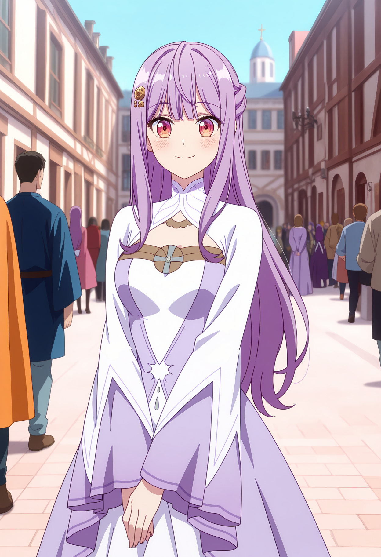 anime screencap, masterpiece, best quality,
<lora:Kanpekiseijo_MiaAdenauer_IlluXL:0.9>,
1girl, closed mouth, smile, blush,
blunt bangs, half updo, long hair, purple hair, multicolored eyes, hairclip,
long dress, multicolored dress, white dress, purple dress, clothing cutout, long sleeves, wide sleeves,
v arms, standing, looking at viewer, cowboy shot,
medieval, fountain, people, street, building, day, photo background, blurry background