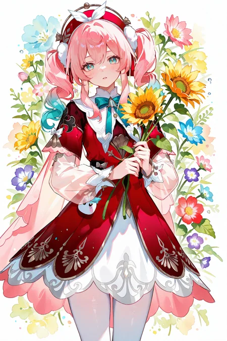 masterpiece,best quality,good quality,very aesthetic,absurdres,newest,1girl,solo,looking_at_viewer,blush,flower,cowboy_shot,parted_lips,parted_bangs,see-through,own_hands_together,red_flower,pink_flower,blue_flower,yellow_flower,purple_flower,sunflower,see-through_sleeves,orange_flower,colorful,daisy,holding,Watercolor,<lora:ponyv5_noobV065S_1_adamW-000013:0.25>,<lora:USNR_STYLE_XL_lokr:0.45>,<lora:ILwatercolor:0.25>,<lora:96YOTTEA-WAI:0.45>,
<lora:fenjin-noob-Tanger-000014:0.8>,
hyacine \(honkai: star rail\),clothes: hyacine def red and white dress,red beret,1girl,pink hair,black footwear,white pantyhose,