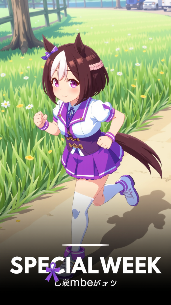 specialweek, umamusume, running, solo, outside, short hair, purple ribbon, horse tail, and logo text "SPECIAL WEEK"