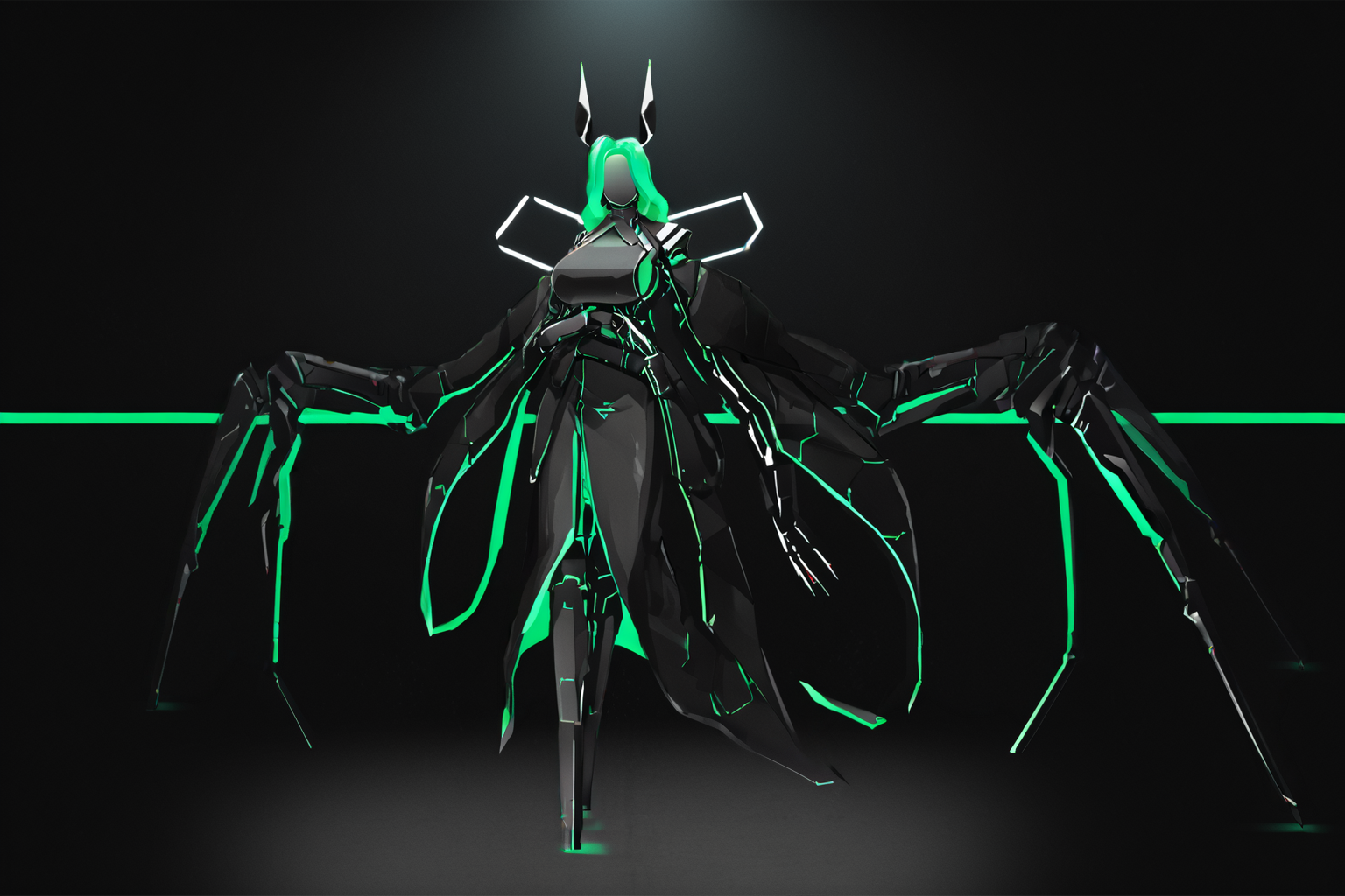 score_9, score_8_up, score_7_up, score_6_up, score_5_up, score_4_up, BREAK, source_anime, solo, 1girl, rating_safe, ((mature female)), ((long green flowing hair)), mechanical parts, ((plastic, polymer, metal body)), (big mechanical rabbit ears), mature female, (bunny ears), (animal ears), subdermal port, ((milf, mature female, big breasts)), hexagon lines in skin, naval uniform overcoat, naval uniform, white military uniform, dress_uniform, ribbons, ((red eyes)), bunny tail, rabbit tail, aiguillette, ((green hair)), ascot, ((Eye-level angle view Close shot (focus on chest), Jumping with arms forming a 'Y' shape )), pilot suit, shoulder cutout, bunny rabbit Tail, ((hair over one eye, )), digitigrade, clawed feet, minimal clothes, ((metal skin, shiny skin, vampire aesthetic, digital eyes, filled eyes, monochromatic eyes, glowing eyes, colored sclera, red sclera, mechanical eyes, partially shaded face, slit pupils, angular, minimal face, minimalism, narrow eyes, large eyes)), (anubis \(mythology\), anubis \(mythology\), ), <lora:Pony_DetailV2.0:1.5>, <lora:age_slider_v4:4>, ((dark, shaded, black background, horror, GREEN HAIR,)) <lora:ECHANIS:0.7>,  <lora:HORiZON_DOLLS_by_EchanisEnicha:1> Robot girl