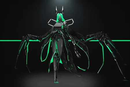 score_9, score_8_up, score_7_up, score_6_up, score_5_up, score_4_up, BREAK, source_anime, solo, 1girl, rating_safe, ((mature female)), ((long green flowing hair)), mechanical parts, ((plastic, polymer, metal body)), (big mechanical rabbit ears), mature female, (bunny ears), (animal ears), subdermal port, ((milf, mature female, big breasts)), hexagon lines in skin, naval uniform overcoat, naval uniform, white military uniform, dress_uniform, ribbons, ((red eyes)), bunny tail, rabbit tail, aiguillette, ((green hair)), ascot, ((Eye-level angle view Close shot (focus on chest), Jumping with arms forming a 'Y' shape )), pilot suit, shoulder cutout, bunny rabbit Tail, ((hair over one eye, )), digitigrade, clawed feet, minimal clothes, ((metal skin, shiny skin, vampire aesthetic, digital eyes, filled eyes, monochromatic eyes, glowing eyes, colored sclera, red sclera, mechanical eyes, partially shaded face, slit pupils, angular, minimal face, minimalism, narrow eyes, large eyes)), (anubis \(mythology\), anubis \(mythology\), ), <lora:Pony_DetailV2.0:1.5>, <lora:age_slider_v4:4>, ((dark, shaded, black background, horror, GREEN HAIR,)) <lora:ECHANIS:0.7>,  <lora:HORiZON_DOLLS_by_EchanisEnicha:1> Robot girl