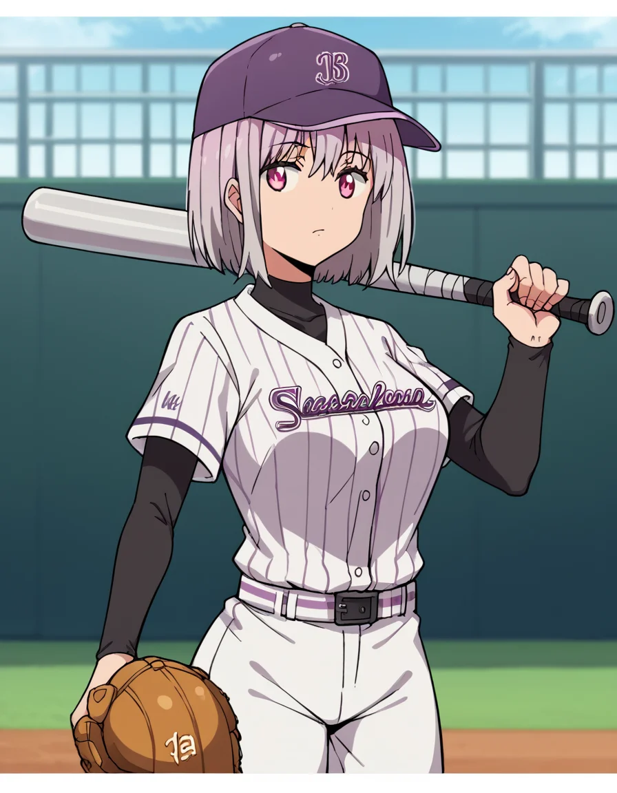 score_9, score_8_up, score_7_up, source_anime, <lora:akane-shinjou-s1-ponyxl-lora-nochekaiser:1>, akane shinjou, light purple hair, pink eyes, short hair, large breasts,, <lora:baseball-uniform-ponyxl-lora-nochekaiser:1> baseball uniform, baseball, striped belt, shirt under shirt, sportswear, ribbed shirt, baseball helmet, baseball bat, baseball jersey, baseball field, holding baseball bat,, , cowboy shot,