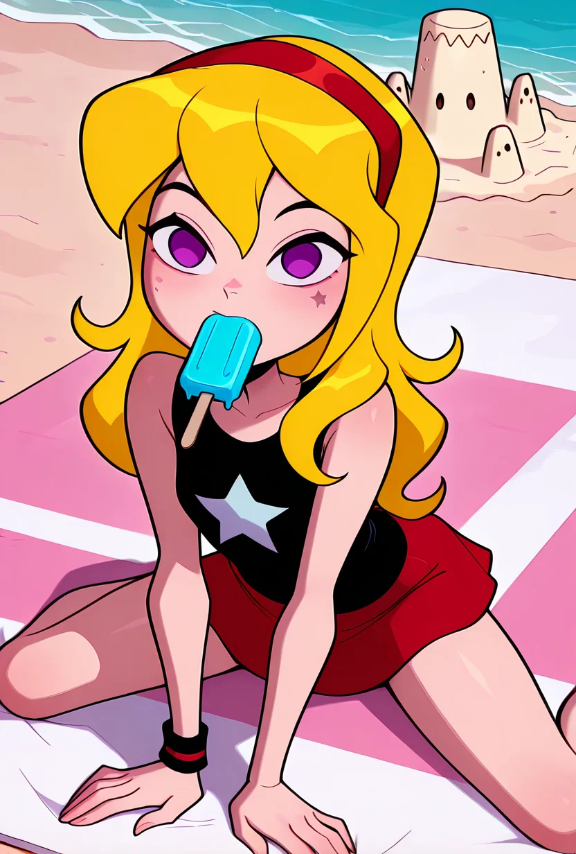 ((cartoon, screencap, )) <lora:lucysmall:1> lucysmall, solo, long hair, blonde hair, red hairband, black shirt, sleeveless, flat chest, star (symbol), purple eyes , tank top, wristband, miniskirt, red skirt, looking at viewer , prone, on beach, sand, popsicle in mouth,  beach rug, sandcastle, masterpiece, best quality, amazing quality, very aesthetic, absurdres, newest,