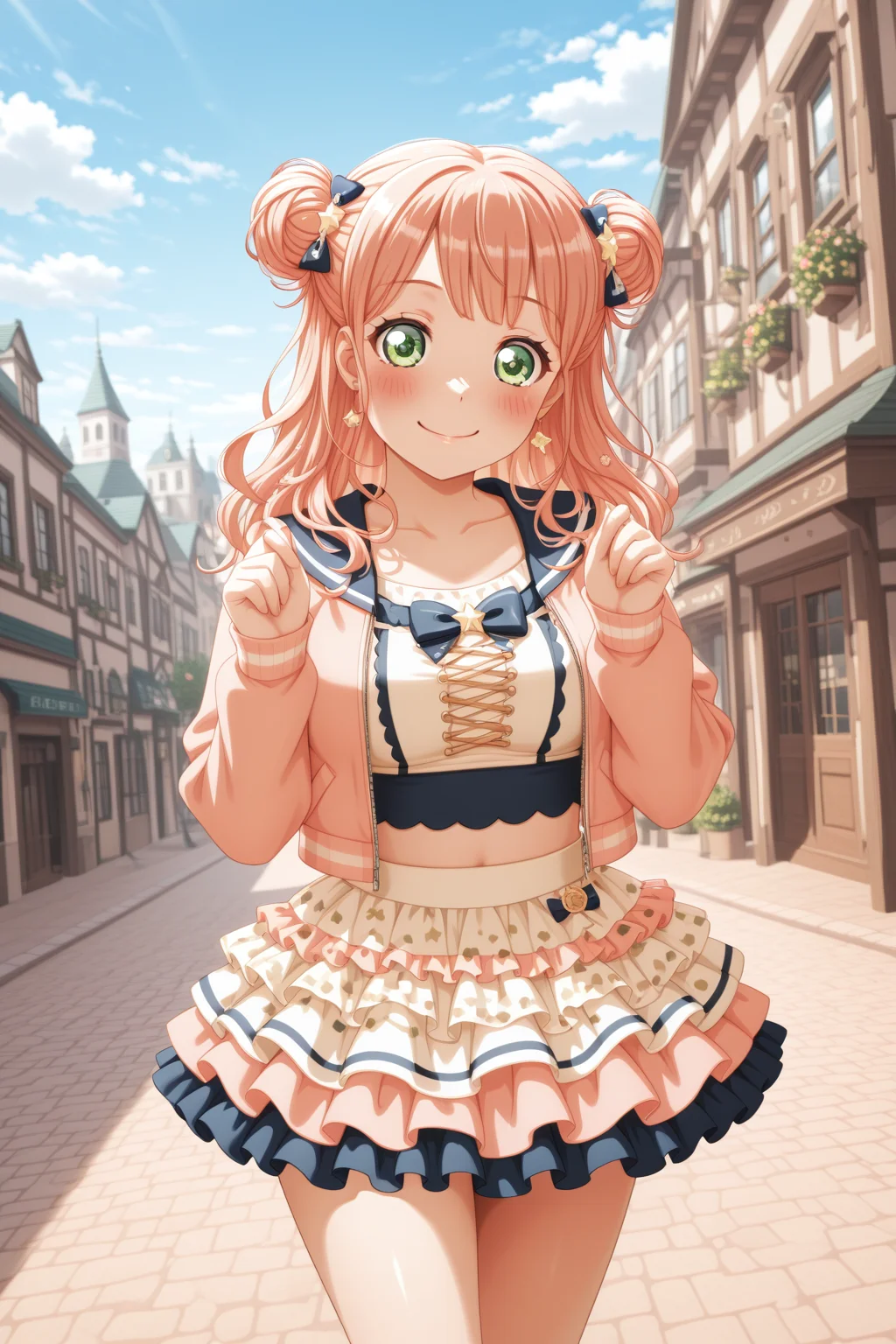 masterpiece, best quality, amazing quality, 1girl, solo, makeup, general, looking at viewer, cowboy shot, blush, smile, playful pose, european street, day, sky, dynamic angle, <lora:Uehara_Himari_Ban_Dori:1>, Uehara_Himari_Ban_Dori, green eyes, pink hair, long hair, breasts, double bun, sailor collar, miniskirt, crop top, midriff, open jacket, layered skirt, hair bows, star accessories, playful school fashion, standing pose, youthful energy, <lora:wai-2Rectified-V140:1>, <lora:illustrious_noobai_epsilon_pred_1_masterpieces_v1:1>