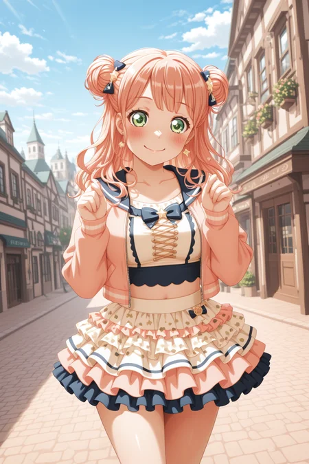 masterpiece, best quality, amazing quality, 1girl, solo, makeup, general, looking at viewer, cowboy shot, blush, smile, playful pose, european street, day, sky, dynamic angle, <lora:Uehara_Himari_Ban_Dori:1>, Uehara_Himari_Ban_Dori, green eyes, pink hair, long hair, breasts, double bun, sailor collar, miniskirt, crop top, midriff, open jacket, layered skirt, hair bows, star accessories, playful school fashion, standing pose, youthful energy, <lora:wai-2Rectified-V140:1>, <lora:illustrious_noobai_epsilon_pred_1_masterpieces_v1:1>