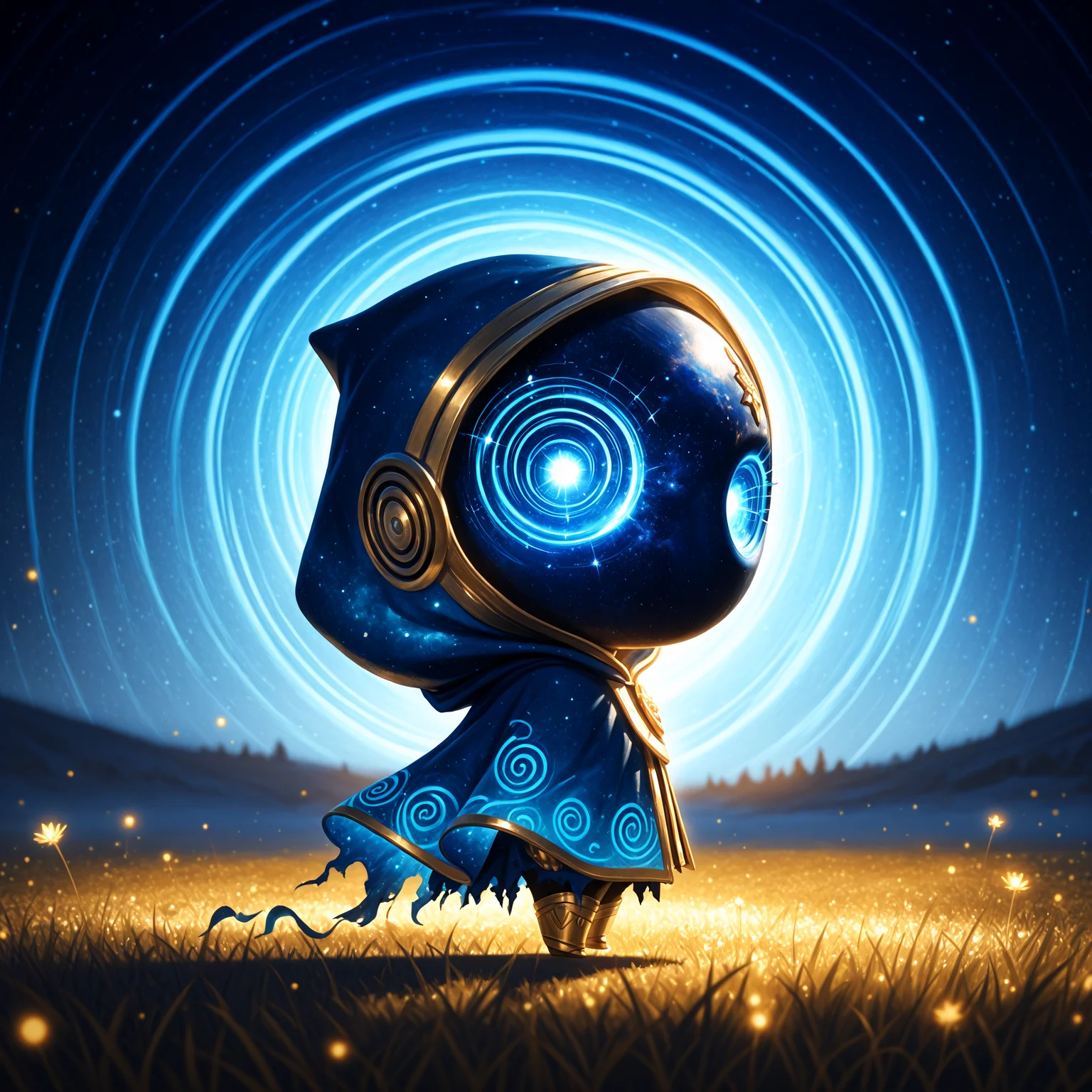 smooth quality, masterpiece, best quality, highly detailed, realistic, realism, dynamic lighting, graphite \(medium\), chibi, shadow, from side, blue palette, gold palette, blurry background, looking at viewer, focused subject, mysterious presence, ethereal aura, glowing cosmic eyes, gold trim, torn clothes, hooded cloak, patterned clothing, golden patern, tatter celestial void face, spiral nebula sky, swirl background yellow and blue, deep space energy, soft yet eerie illumination, otherworldly presence, enchanted meadow, meadow, floating cosmic dust, dreamlike atmosphere, cinematic lighting, ultra-detailed textures, radiant celestial glow, enigmatic stance, depth of field. <lora:add-detail-xl:2>