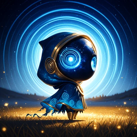 smooth quality, masterpiece, best quality, highly detailed, realistic, realism, dynamic lighting, graphite \(medium\), chibi, shadow, from side, blue palette, gold palette, blurry background, looking at viewer, focused subject, mysterious presence, ethereal aura, glowing cosmic eyes, gold trim, torn clothes, hooded cloak, patterned clothing, golden patern, tatter celestial void face, spiral nebula sky, swirl background yellow and blue, deep space energy, soft yet eerie illumination, otherworldly presence, enchanted meadow, meadow, floating cosmic dust, dreamlike atmosphere, cinematic lighting, ultra-detailed textures, radiant celestial glow, enigmatic stance, depth of field. <lora:add-detail-xl:2>