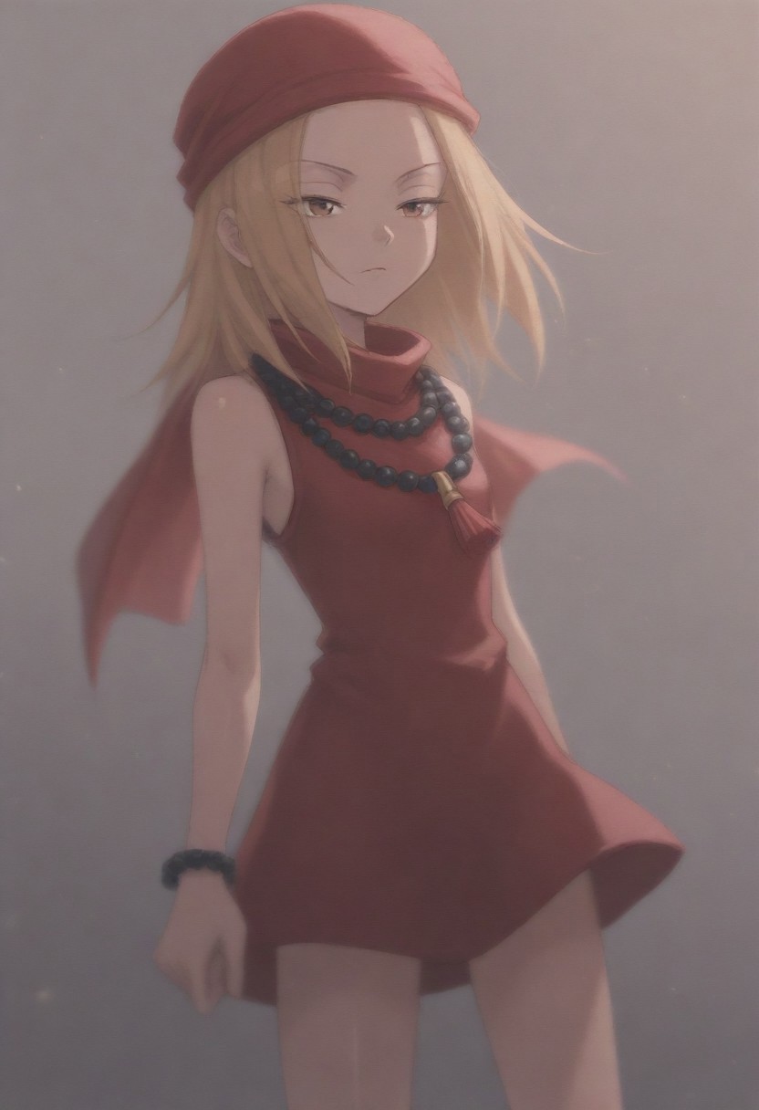 masterpiece, best quality, amazing quality,,, shiny skin,,,,,kojiann, short hair, blonde hair, brown eyes, short dress, sleeveless, bead necklace, red bandana, bracelet, <lora:Anna IXL 2-000013:1>