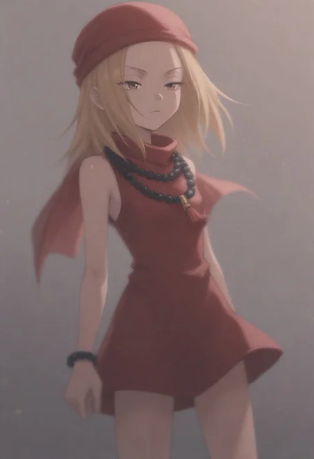 masterpiece, best quality, amazing quality,,, shiny skin,,,,,kojiann, short hair, blonde hair, brown eyes, short dress, sleeveless, bead necklace, red bandana, bracelet, <lora:Anna IXL 2-000013:1>