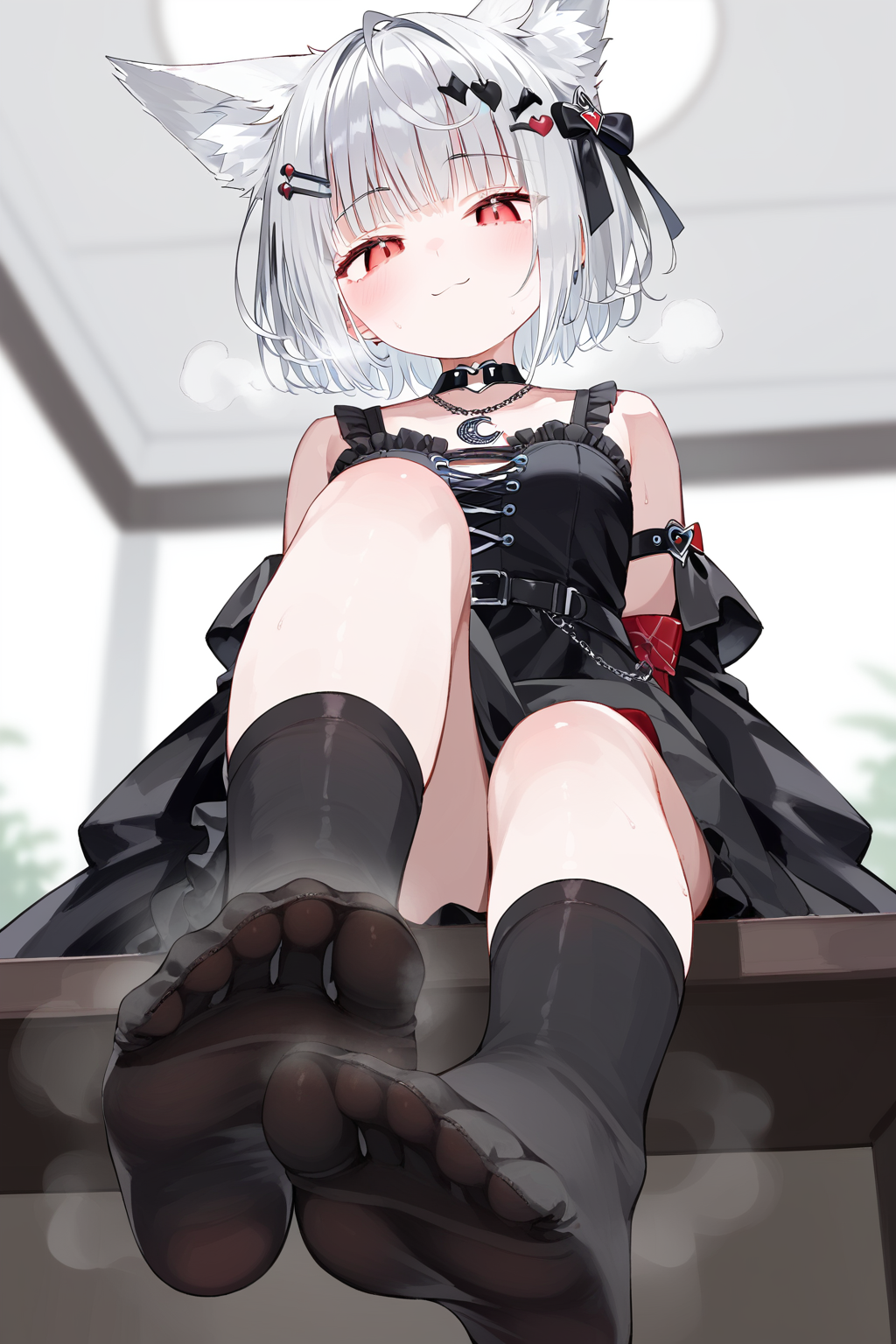 (score_9,score_8_up,score_7_up,),<lora:mana black-000015:0.8>,mana black,black hair,two-tone hair,red eyes,animal ears,black dress,white hair,short hair,hair ornament,black socks,sitting,no shoes,(foot focus:1.2),(steaming body:1.1),velocesmells,from_below,arms_behind_back,naughty_face,
