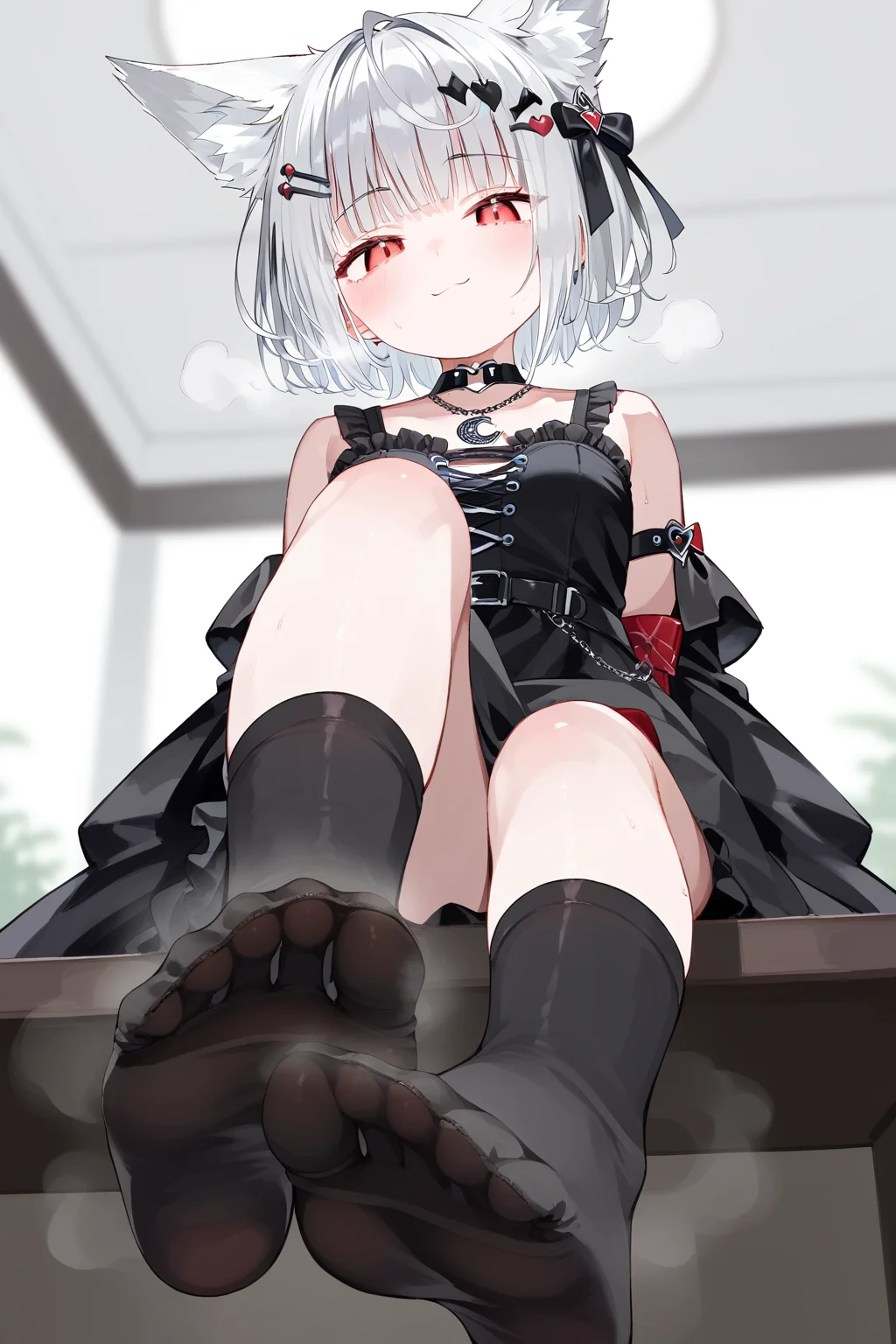 (score_9,score_8_up,score_7_up,),<lora:mana black-000015:0.8>,mana black,black hair,two-tone hair,red eyes,animal ears,black dress,white hair,short hair,hair ornament,black socks,sitting,no shoes,(foot focus:1.2),(steaming body:1.1),velocesmells,from_below,arms_behind_back,naughty_face,
