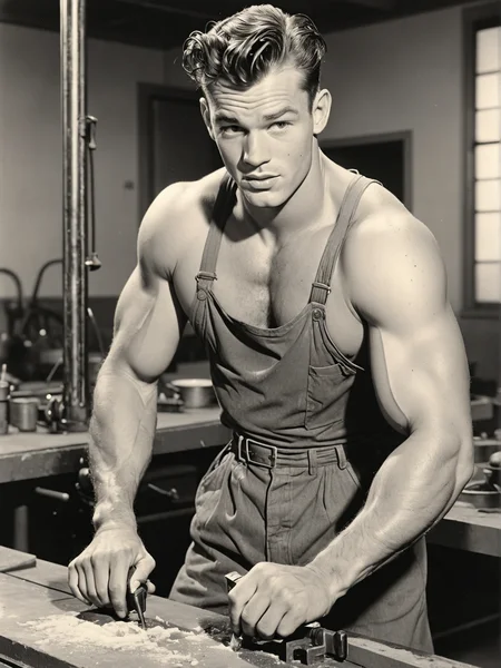1950's candid photo of a brawny 25yo playboy, working, industrial, sweaty