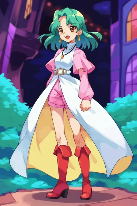 score_9, score_8_up, score_7_up, score_6_up, score_5_up, score_4_up, masterpiece, high quality, BREAK, full body, BREAK, <lora:Jewls(Bakugan):0.8> green hair, brown eyes, black necklace, yellow earrings, white robe, pink sleeves, pink shorts, white belt, red boots,