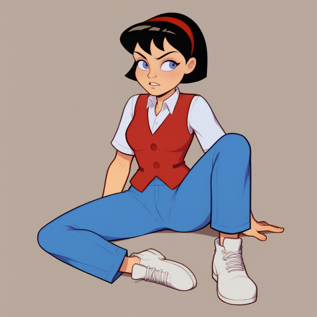 score_9_up, score_8_up, BREAK, Bea, 1girl, solo, black hair, short hair, blue eyes, red headband, shirt, vest, blue pants, white footwear,  <lora:Bea_MightyMax_PXL_Leaf1:0.8>,