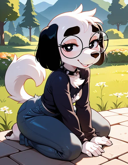 masterpiece, best quality, very aesthetic, absurdres,
outdoors,
posing,
full body, seductive smile, parted lips, long eyelashes,
<lora:Molly_v01_NAIXL:1>
Molly,1girl,solo,furry,furry female,dog girl,dof ears,short hair,black eyes,thick eyebrows,round eyewear,snout,animal nose,spiked collar,body fur,white fur,dog tail,