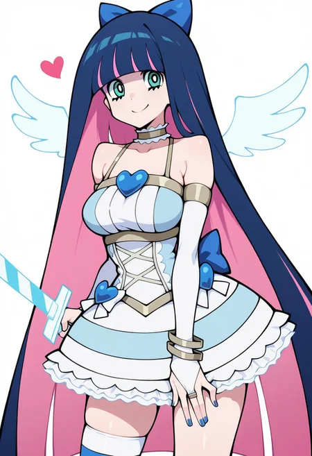 masterpiece,best quality,panty & stocking with garterbelt , anime screenshot, stocking (psg), big breasts, sexy,
patStocking, stocking anarchy,
yatatashira, stocking (psg), panty & stocking with garterbelt, absurdres, highres, 1girl, angel wings, blue bow, blue hair, blue nails, blunt bangs, bow, breasts, bridal gauntlets, collar, colored inner hair, dress, frilled dress, frills, gloves, green eyes, hair bow, hand on own thigh, heart, holding, holding sword, holding weapon, large breasts, long hair, mini wings, multicolored hair, pink hair, simple background, single thighhigh, smile, solo, spaghetti strap, striped clothes, striped thighhighs, sword, thighhighs, two-tone hair, very long hair, weapon, white background, white dress, wings