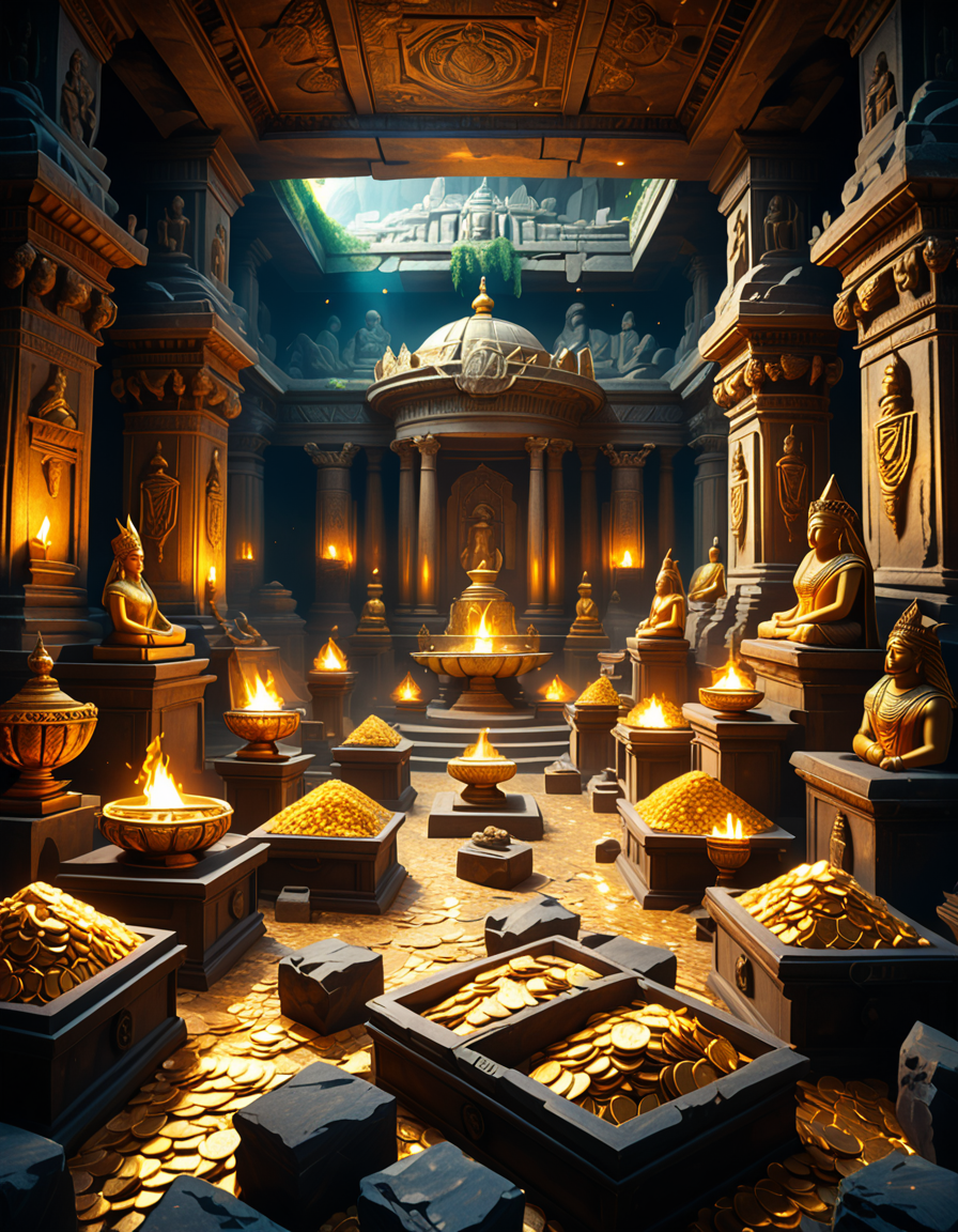 score_9, score_8_up, score_7_up,amazing quality, ultra realistic, 3D, HD, best quality, amazing quality, very aesthetic, absurdres
A hidden treasure chamber deep within an ancient temple, illuminated by the warm golden glow of torches and mystical blue light from enchanted crystals. The room is filled with piles of gold coins, jewel-encrusted goblets, and ancient artifacts covered in dust. Massive stone statues of forgotten deities guard the chamber, their eyes glowing faintly as if watching intruders. In the center, a grand pedestal holds a legendary artifactâan ornate golden crown encrusted with emeralds and sapphires, shimmering with an otherworldly aura. The walls are adorned with intricate carvings depicting lost civilizations, and creeping vines hint at centuries of abandonment. The atmosphere is mystical and slightly eerie, with a sense of both wonder and danger. The air is thick with the scent of aged parchment and burning incense, adding to the chamberâs ancient and mysterious feel. Cinematic lighting with dramatic shadows enhances the depth and richness of the scene, creating a visually stunning and immersive environment.
<lora:SDXLFaeTastic2400:0.4> <lora:extremely_detailed:0.4> extremely detailed,treasure ch4mb3r, <lora:treasure_ch4mb3r-p:1>