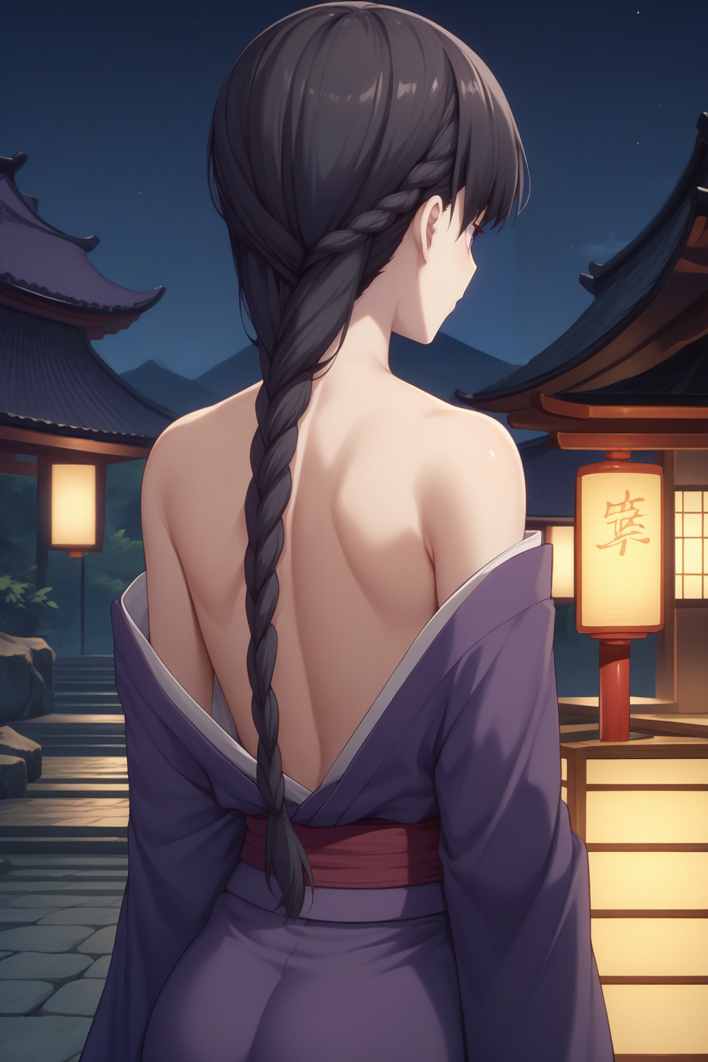 score_9, score_8_up, 1girl, solo, <lora:NSSakiBasket:1> NSSakiBase, black hair, braid, purple kimono, bare shoulders, Japanese palace background, night, from behind