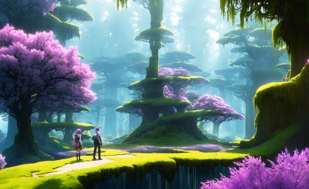 ilac crystal waterfall in a fantasy landscape with trees and moss in foreground and background, giant lilac crystals. Purple iridescent crystal braided thread foxes, soft lilac pastel crystal forest, sense of awe, cinematic, industrial, extreme detail, octane render, volumetric lighting, 8k, unreal engine, sci-fi. By John Martin, Beeple, Albert Bierstadt, Studio Ghibli, Akihiko Yoshida, Mike Winkelmann. Features vast landscape, redwoods, mossy rocks, crystal shards. (vibrant over saturated:1.2)