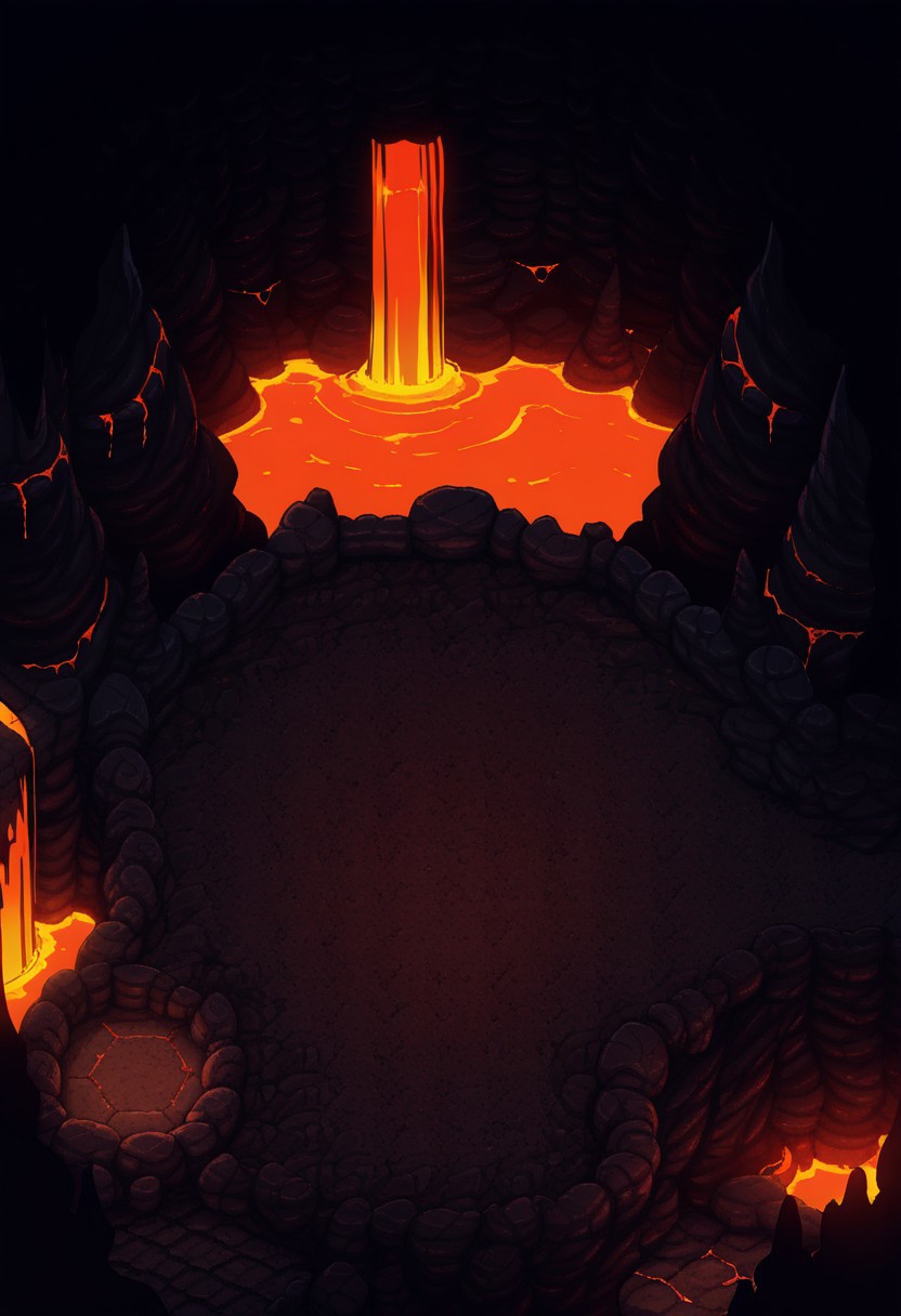 AMAZING QUALITY, MASTERPIECE, PARADOX PARALLAX, SCENERY, FROM ABOVE, VOLCANO, MOLTEN, ARENA, DARK, CAVE, ROCKS,