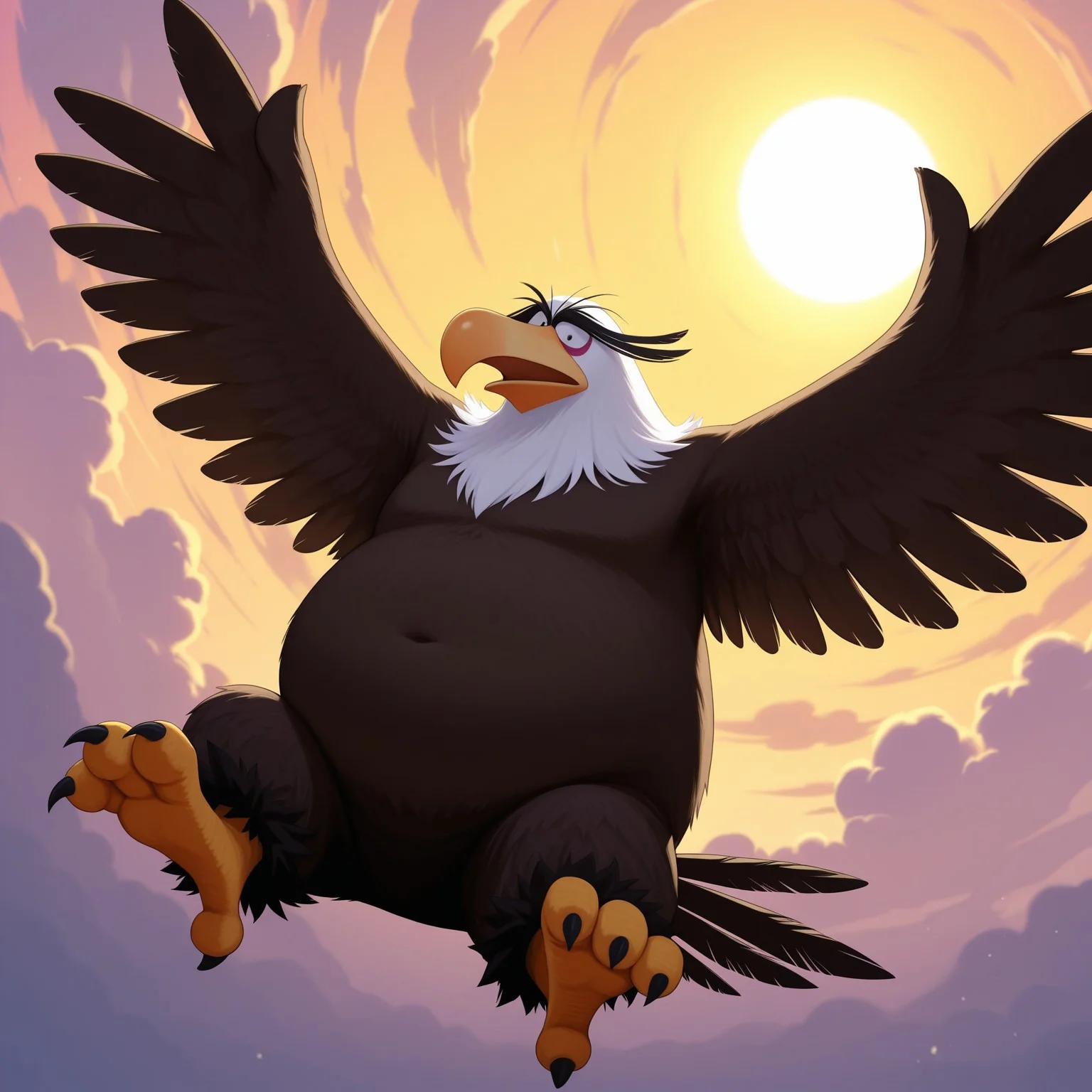 MightyEagle, 2d, 1boy, Male, furry, furry male, brown feathers, white feathers, two tone feathers, eagle, feathered hands, brown tail feathers, winged arms, white head, feathered head, thick eyebrows, long yellow beak, orange feet, talons, small legs, black toe claws, eyebags, purple eyelids, black eyes, small pupils, eyebags, fat,
BREAK serious expression, in the sky, clouds, sun, flying, arms outstretched,
BREAK best quality, amazing quality, very aesthetic, absurdres, newest, masterpiece, high quality, abstract background
