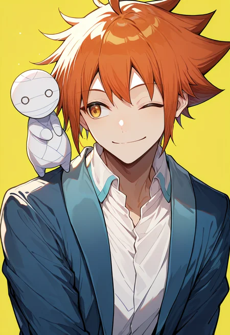 masterpiece,best quality,newest,absurdres,highres,safe,sora kashiwagi,mii-kun,solo,smile,1boy,jacket,male focus,one eye closed,yellow background,;),white collared shirt,(on shoulder:0.5),<lora:SoraKashiwagi_noob:1>,