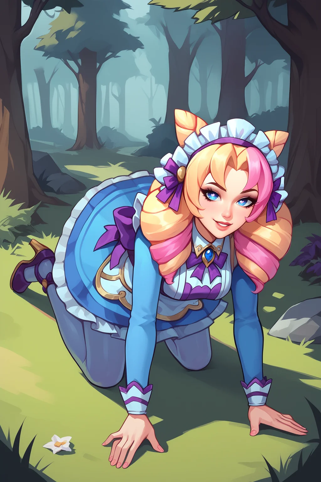 score_9, score_8_up, score_7_up, score_6_up, BREAK, GwenCafeCXL, blue eyes, one eye star-shaped pupil, blonde hair, pink hair, multicolored hair, twin drills, double buns, parted bangs, maid headdress, purple bow, medium breasts, maid, purple bowtie, blue dress, long sleeves, blue skirt, white pantyhose, purple footwear, high heels, solo, all fours, seductive smile, looking at viewer, forest, tree <lora:GwenCafeCXL:0.9>