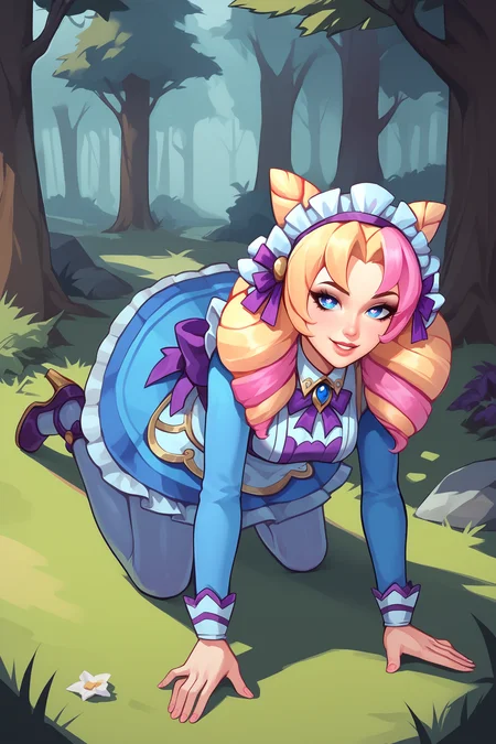 score_9, score_8_up, score_7_up, score_6_up, BREAK, GwenCafeCXL, blue eyes, one eye star-shaped pupil, blonde hair, pink hair, multicolored hair, twin drills, double buns, parted bangs, maid headdress, purple bow, medium breasts, maid, purple bowtie, blue dress, long sleeves, blue skirt, white pantyhose, purple footwear, high heels, solo, all fours, seductive smile, looking at viewer, forest, tree <lora:GwenCafeCXL:0.9>