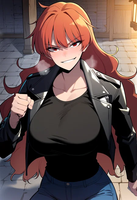 score_9, score_8_up, score_7_up, score_6_up, source_anime, rating_explicit, <lora:neg4all_bdsqlsz_V3.5:2.0>1girl, (solo:1.2), huge breasts, <lora:Melinaponyxl:1> long hair, red hair, red eyes, black jacket, leather jacket, long sleeves, black shirt, collarbone, jeans, smile, grin, Narrow shoulders, heavy breathing, steaming body, dungeon, indoors, looking at viewer, clenched hand, hand up