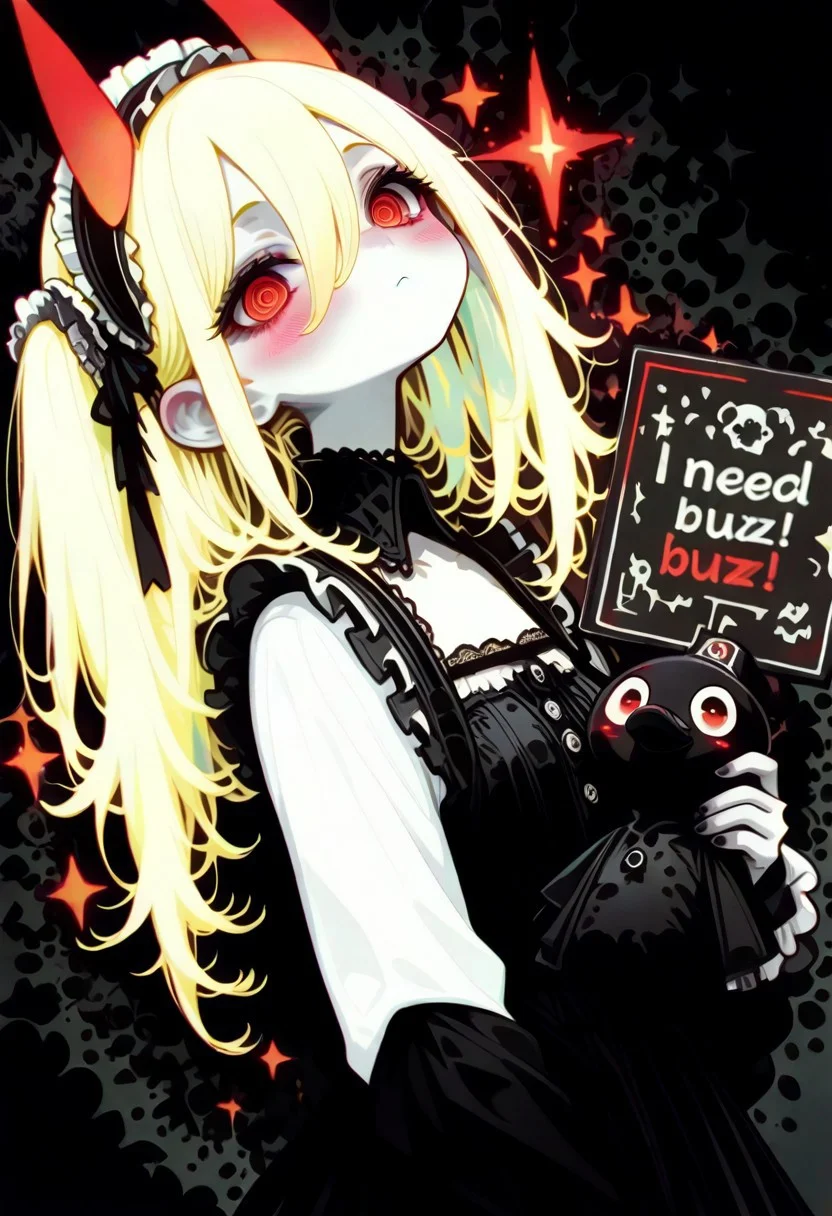 masterpiece, best quality, good quality, very awa,need_buzz, holding sign, very aesthetic, absurdres, newest, oc-chan_(ketopon), 1girl,power \(chainsaw man\), long hair,neon horns, red eyes, ringed eyes, neon blonde hair, neon horns, red eyes,BREAK,
glowing hair, sci-fi, ong bioluminescent glowing hair, ,glowing neon, ,upturned eyes,wabi sabi,, holofoil glitter, faint, glowing, ethereal, beautiful face, beautiful eyes,, (petite:1.7),convenient censoring, perfect fingers, big eyes,, head tilt, blush, lewd,BREAK,
, expressionless, black nail polish, looking at viewer, pale skin, frilled hair band, goth fashion, frilled dress, high collard,lace trim, square neckline, hugging,hugging stuffed animal, black duck, bandaid, bandages, upper body, black halftone background, dark theme,chromatic aberration, from above, dutch angle, limited palette, no lineart, no outline,painterly, blending, flat color, 15546+456868, r17329_illu,flatline,haiz_ai,sometyome_illu