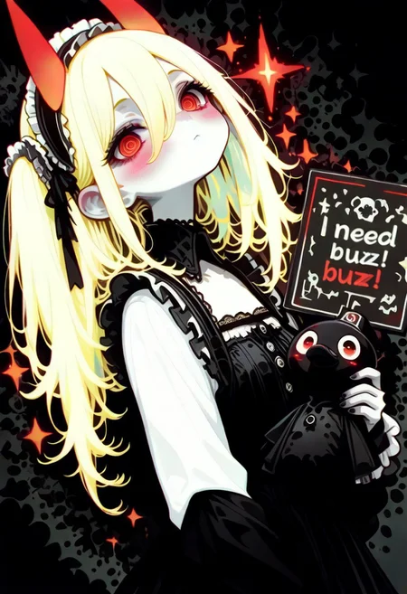 masterpiece,  best quality, good quality, very awa,need_buzz, holding sign,  very aesthetic, absurdres, newest, oc-chan_(ketopon), 1girl,power \(chainsaw man\), long hair,neon horns, red eyes, ringed eyes, neon blonde hair, neon horns, red eyes,BREAK, 
glowing hair, sci-fi,  ong bioluminescent glowing hair, ,glowing neon, ,upturned eyes,wabi sabi,, holofoil glitter, faint, glowing, ethereal, beautiful face, beautiful eyes,, (petite:1.7),convenient censoring, perfect fingers, big eyes,, head tilt, blush, lewd,BREAK,
, expressionless, black nail polish, looking at viewer, pale skin, frilled hair band, goth fashion, frilled dress, high collard,lace trim, square neckline, hugging,hugging stuffed animal, black duck, bandaid, bandages, upper body, black halftone background, dark theme,chromatic aberration, from above, dutch angle, limited palette, no lineart, no outline,painterly, blending, flat color, 15546+456868, r17329_illu,flatline,haiz_ai,sometyome_illu