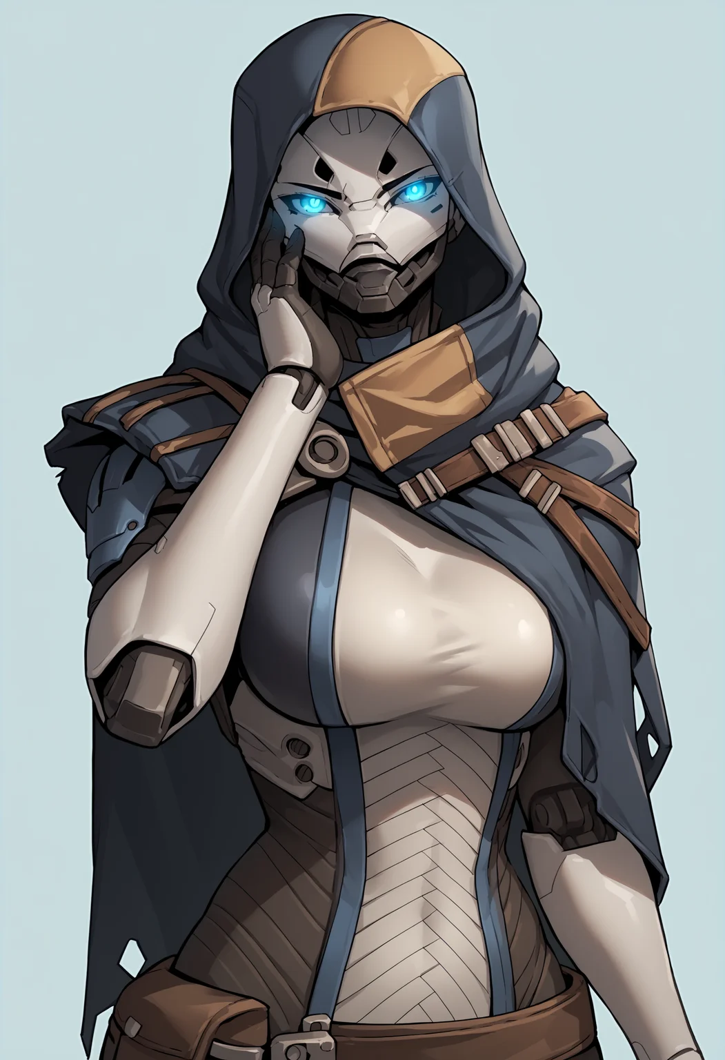 score_9, score_8_up, score_7_up, score_6_up, score_5_up, score_4_up, source_anime, 1girl, solo, <lora:ElsieBray:0.9> solo, colored skin, white skin, robot, blue eyes, glowing eyes, breasts, large breasts, hood, hood up, cape, looking at viewer, face focus, bodysuit, front view, hand on face,
light blue background, simple background,