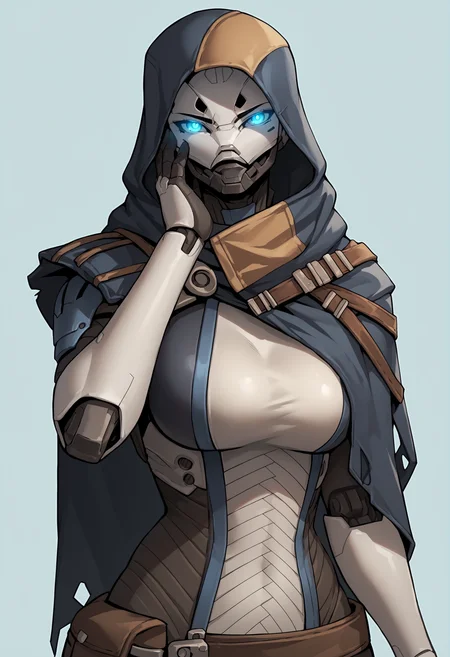 score_9, score_8_up, score_7_up, score_6_up, score_5_up, score_4_up, source_anime, 1girl, solo, <lora:ElsieBray:0.9> solo, colored skin, white skin, robot, blue eyes, glowing eyes, breasts, large breasts, hood, hood up, cape, looking at viewer, face focus, bodysuit, front view, hand on face,
light blue background, simple background,