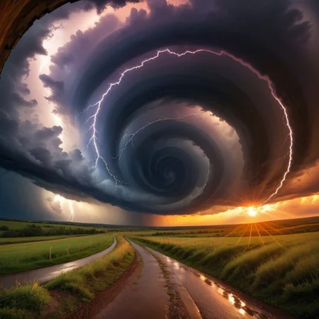 landscape, evening, sunset, thunder, storm clouds tunnel, Spiral Effect
