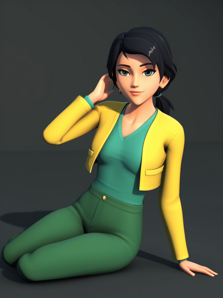 score_9, score_8_up, score_7_up, score_6_up, BREAK masterpiece, perfect face, perfect hands, high quality, source_cartoon, BREAK (1girl, solo,) <lora:June_Darby_-_Transformers_Prime:1> june, black hair, short hair, black eyes, low ponytail, (3D, cgi,)yellow open jacket, green shirt, green pants,