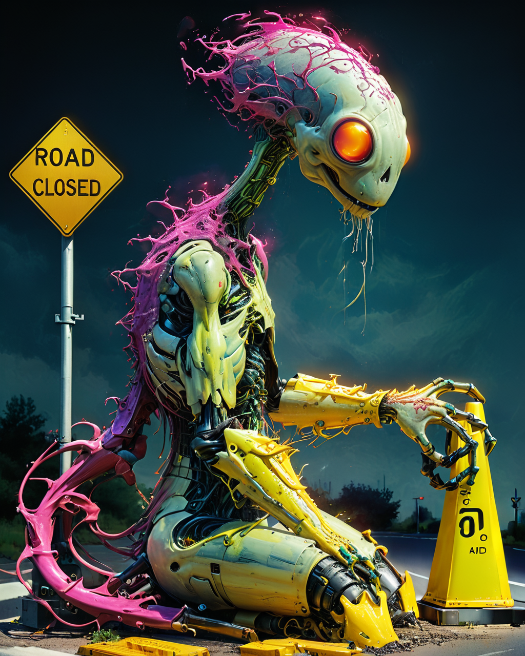 (alien non-anthropomorphic bioengineered creature working on a computer:1.6), (road closed sign:1.9), transparency:1.4, (detailed cybernetic implants fused with organic matter:0.5), full body, (with intensely vibrant swirling colors:1.9), realistic photo, <lora:add-detail-xl:1.0> ,  <lora:artialien:1> artialien