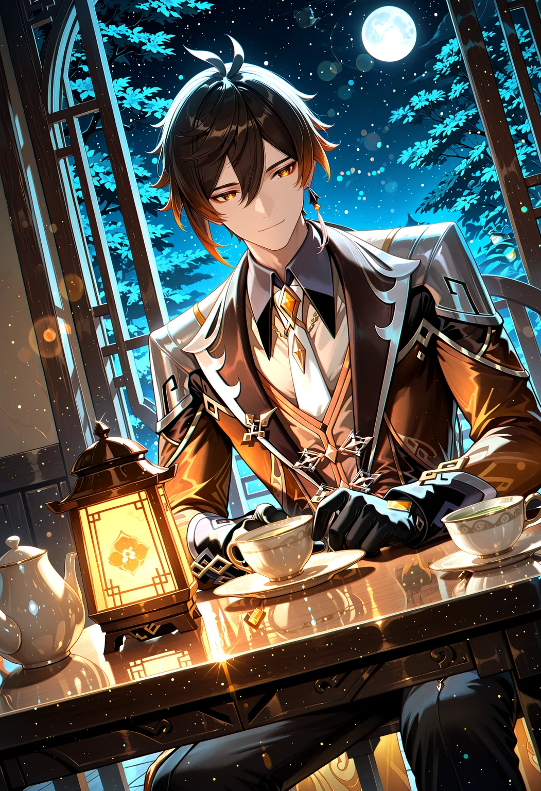 lazympos, very aesthetic, absurdres, highres, newest, HDR, 8K, high detailed, high contrast, dak depth, intricate detailed, night, faint light,
1boy, mature male, zhongli \(genshin impact\), jewelry, earrings, long sleeves, jacket, necktie, shirt, table, sitting,
green tea, Teapot, moon light, Liyue, dutch angle, closed mouth, light smile, faint light, nostalgia, nostalgic look, polarized, lens-flare, chromatic aberration