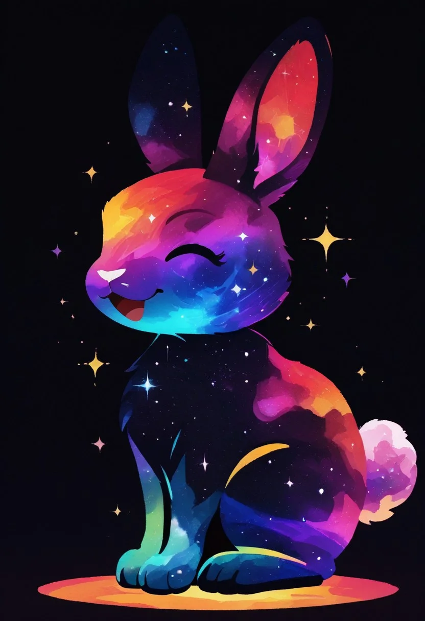 masterpiece, best quality, simple illustration, 1rabbit, silhouette, full body, solo, dark background, sparkles, vivid colors,  tail ,happy, no_outlines,no lineart, t4kar4i_illu, inner_galaxy, galaxy on silhouette, sitting,