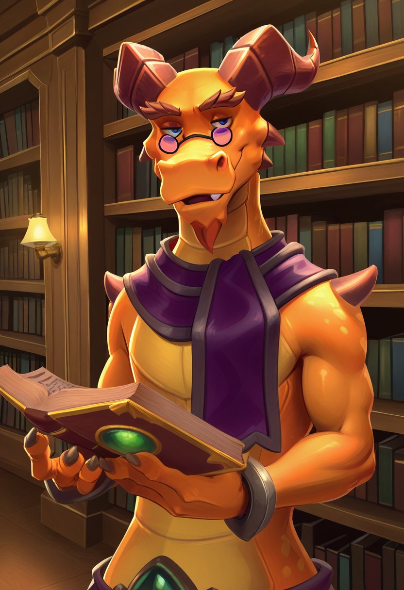 Masterpiece, best quality, high quality, detailed, male, solo male, 1boy, Cedric, anthro, dragon, mature male, horns, orange body, athletic build, blue eyes, bushy eyebrows, yellow underbelly, purple glasses, holding book, indoors, library, half-lidded eyes, smiling, looking at viewer, standing, half body